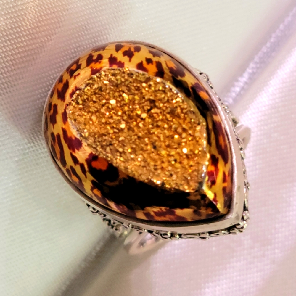 Sajen leopard/cheetah print druzy 925 sterling silver adjustable ring